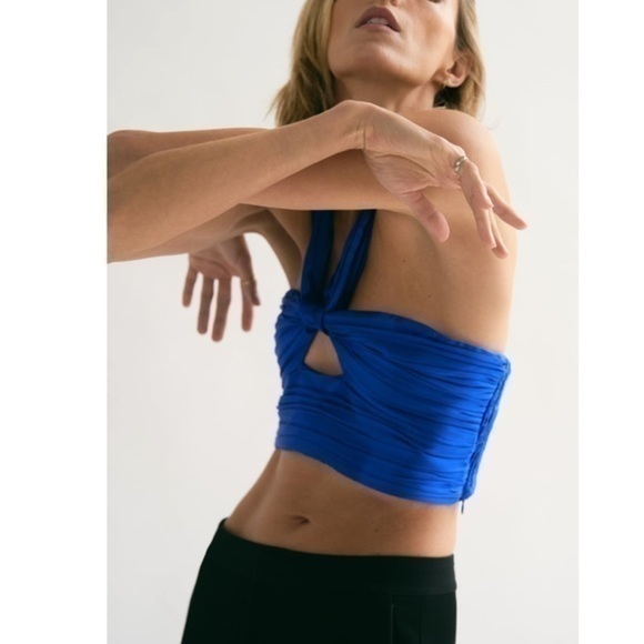 New Zara | Satin Effect Blue Cut Out Draped Crop Top - Picture 12 of 17